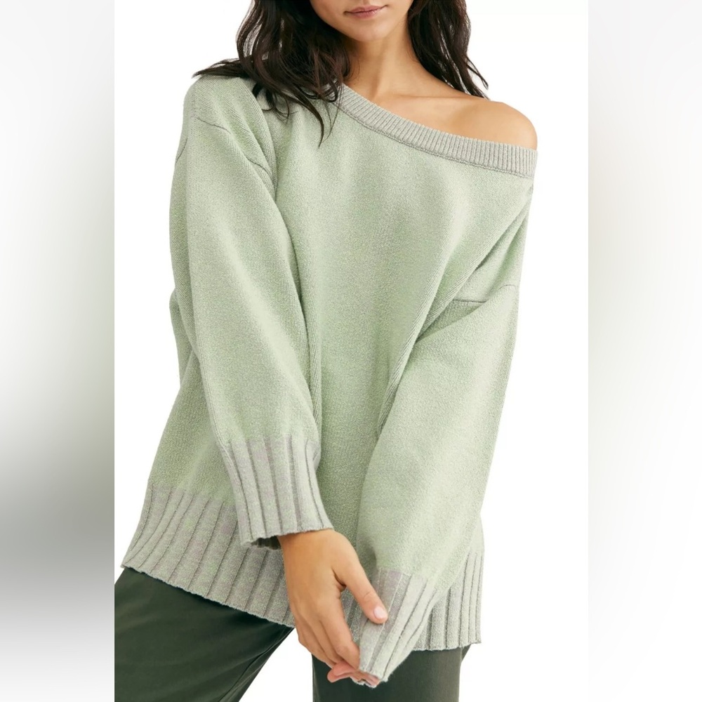FREE PEOPLE Street Fair Tunic Sweater in Lime Grey Combo